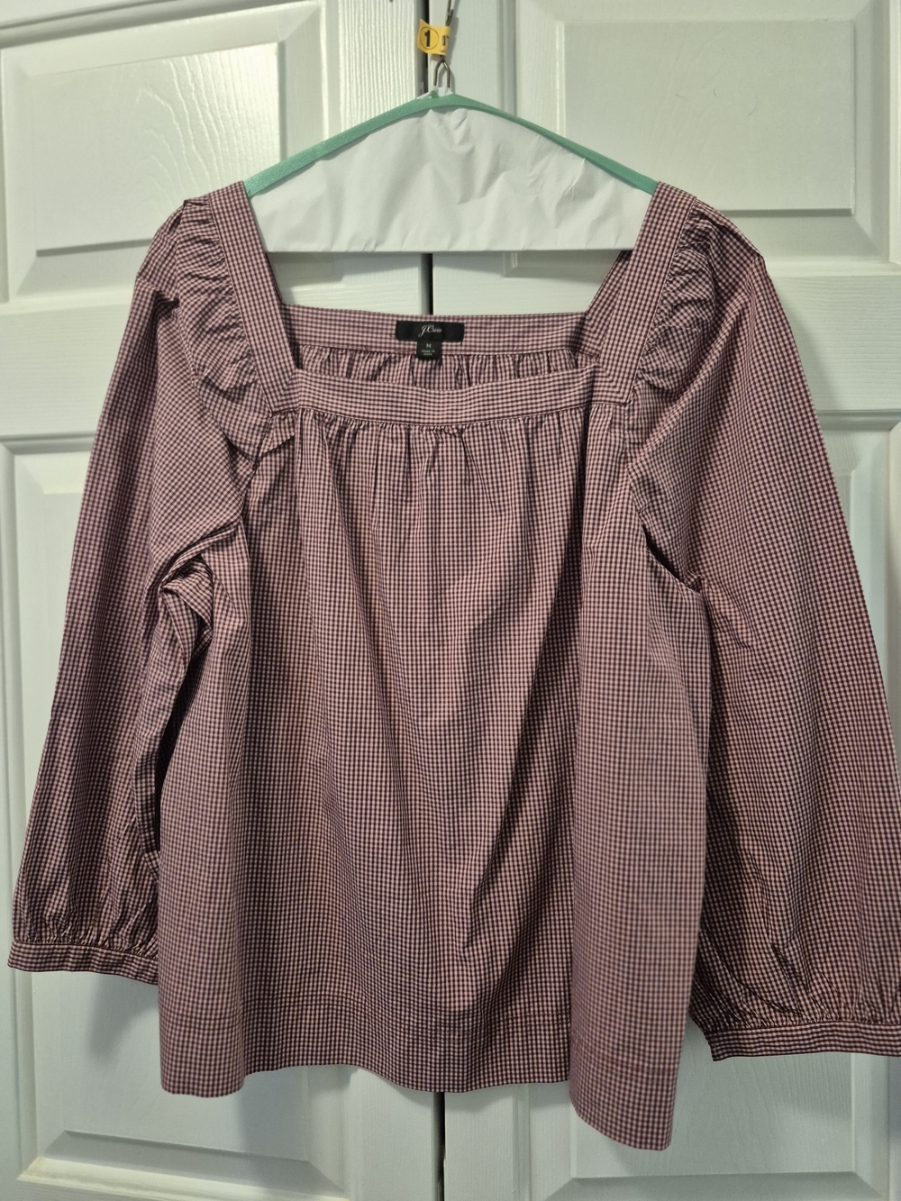 J. Crew Pink Gingham Square-Neck Ruffle Blouse